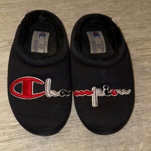 Champion Black Slippers with Red Logo